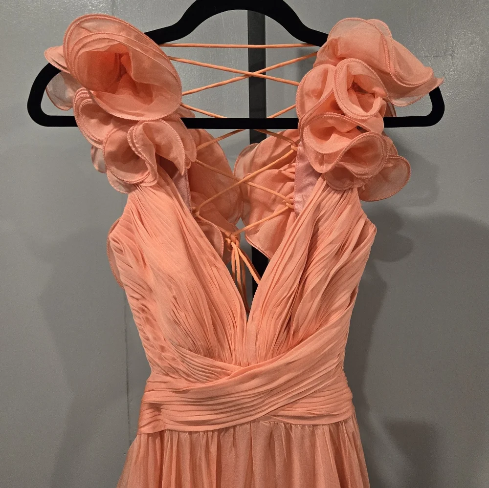 NWT Mac Duggal 67911‎ Size 6 RUFFLE TIERED CUT-OUT CHIFFON GOWN CORAL